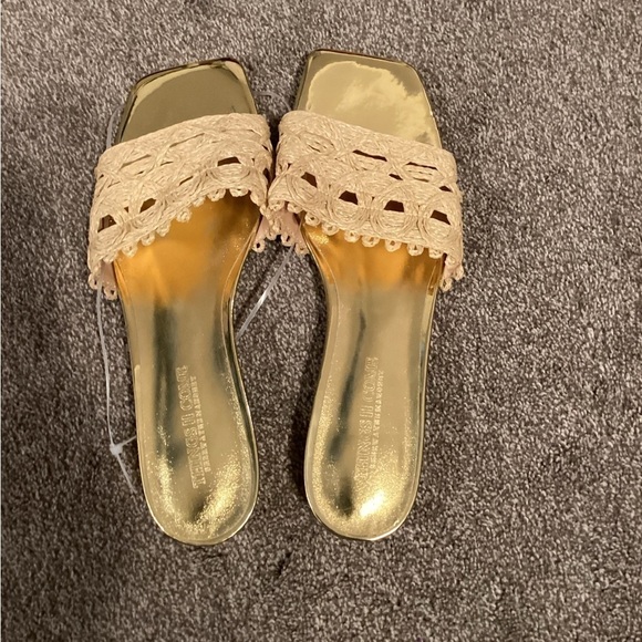 NWOT Things II Come Size 12 Women's Tavita Slide Wood Heel Straw Flat Sandals - Picture 2 of 5